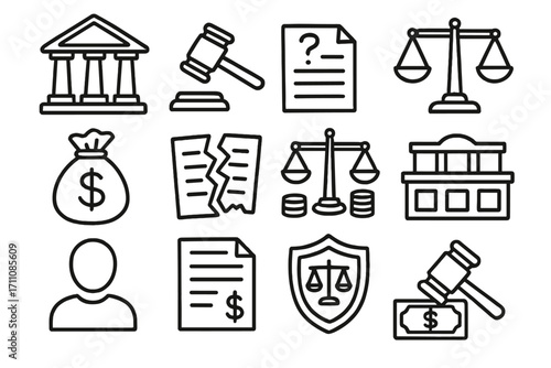 Legal and justice linear icon set. featuring courthouse, gavel, contract, law scales, money, and courtroom symbols
