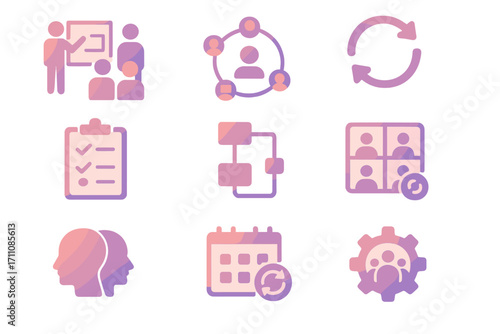 Business management silhouette icons set. featuring presentation, collaboration, checklist, workflow, and team symbols