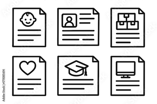 Application documents linear icon set. featuring resume, id card, portfolio, cover letter, diploma, digital profile