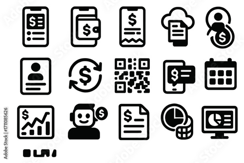 Financial technology silhouette icon set. featuring mobile payment, qr code, cloud banking, and financial chart symbols
