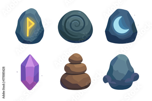 Magic elements flat icon set. featuring rune, spiral, moon, crystal, stones, and mountain symbols
