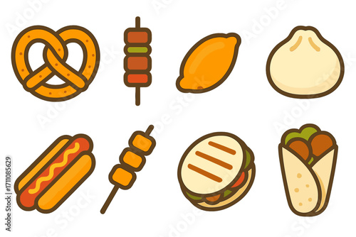 Street food flat icons set. featuring pretzel, skewer, lemon, dumpling, hot dog, pita, and wrap.