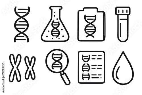 Genetics silhouette icon set. featuring dna, test tube, chromosome, beaker, clipboard, magnifying glass, and droplet symbols