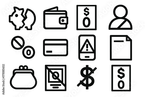 Finance and banking linear icon set. featuring piggy bank, wallet, money, user, card, alert, document symbols