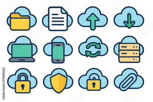 Cloud computing flat icon set. featuring folder, document, upload, download, laptop, smartphone, sync, server, security