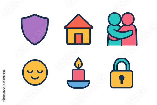 Wellness and security flat icon set. featuring shield, house, hug, smile, candle, lock symbols