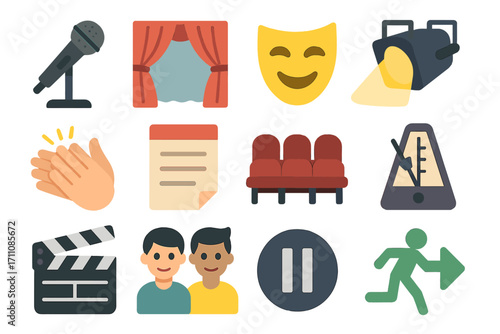Theater and performing arts flat icon set. featuring microphone, stage, mask, spotlight, applause, and more