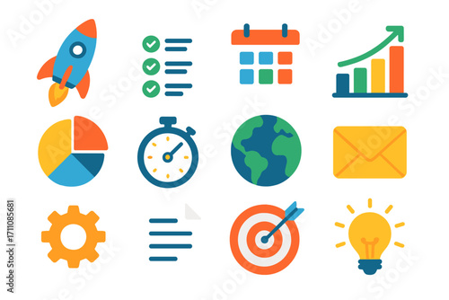 Business growth flat icon set. featuring rocket, calendar, graph, pie chart, stopwatch, and globe symbols