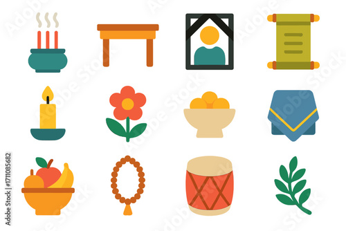 Cultural elements flat icon set. incense, shrine, scroll, candle, flower, bowl, cloth, fruit, frame, drum, leaf icons