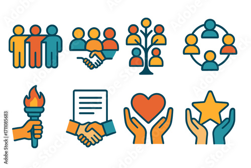Community engagement linear icons set. group, handshake, family, network, torch, agreement, heart, star