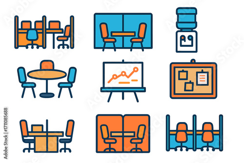 Office workspace linear icon set. featuring desks, chairs, meeting rooms, water cooler, charts, and bulletin boards