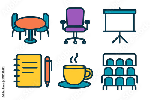 Office and meeting linear icon set. featuring table, chair, presentation, notebook, coffee, and shelf.