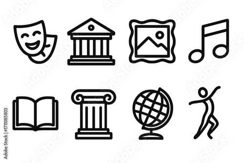 Arts and culture silhouette icon set. featuring theater, museum, gallery, music, book, column, globe, dance symbols