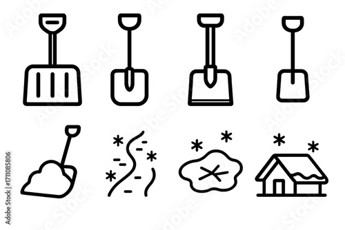 Winter tools linear icon set. featuring snow shovel, snowflake path, snow pile, winter home symbols