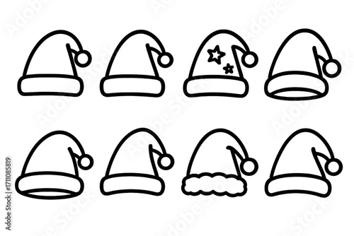Christmas hat silhouette icon set. featuring santa, elf, star, pom pom, holiday, and winter symbols