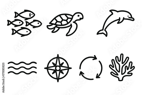 Marine life silhouette icon set. featuring fish, turtle, dolphin, waves, compass, recycling, coral symbols