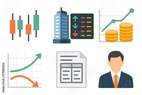 Finance and business flat icons set. featuring market analysis, stock trends, investments, and businessperson symbols