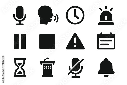 Communication and notification silhouette icon set. featuring microphone, speech, clock, alarm