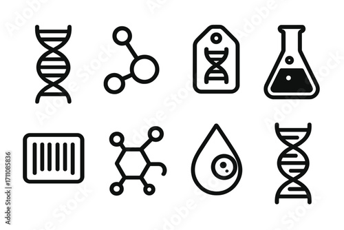 Biotechnology flat icon set. featuring dna, molecule, tag, flask, barcode, compound, droplet