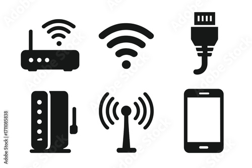 Networking equipment silhouette icon set. featuring router, wi-fi, ethernet cable, modem, antenna, smartphone