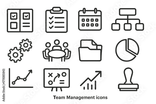 Team management linear icon set. featuring checklist, calendar, structure, gears, group, folder