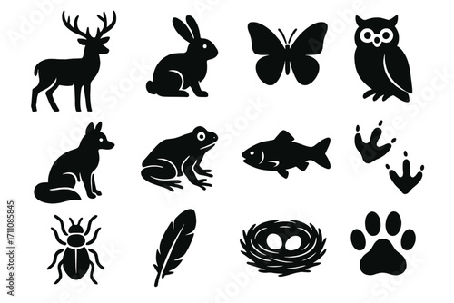 Wildlife silhouette icon set. featuring deer, rabbit, butterfly, owl, fox, frog, fish, bird tracks, insect, feather, nest, paw print