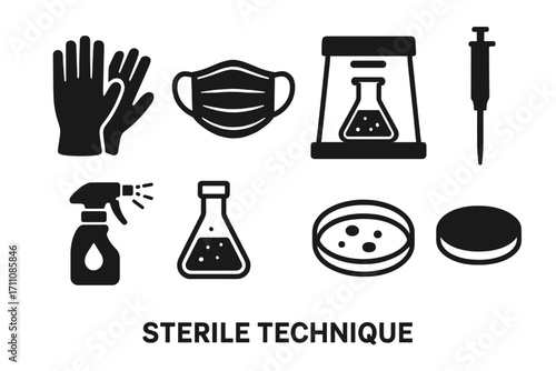 Sterile technique silhouette icon set. featuring gloves, mask, lab equipment, syringe, spray bottle