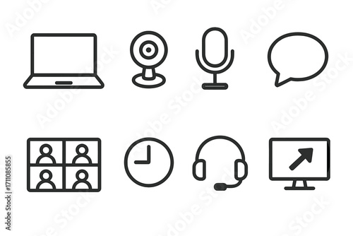 Remote work flat icon set. featuring laptop, webcam, microphone, chat, video call, clock, headset, and monitor symbols