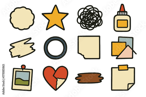 Crafting supplies flat icons set. featuring shape, star, scribble, glue, frame, heart, sticker