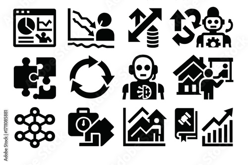 Business and data silhouette icon set. featuring analytics, ai, networking, and growth indicators