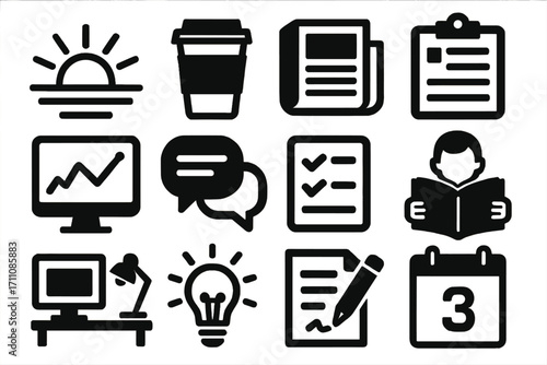 Office and education silhouette icon set. featuring sunrise, coffee cup, newspaper, clipboard, and more