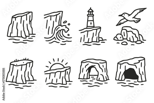 Nature linear icon set. featuring cliffs, waves, lighthouse, seagull, rocks, sunset, and cave symbols