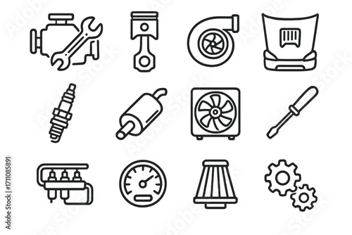 Wallpaper Mural Automotive parts linear icon set. featuring engine, piston, turbocharger, hood, spark plug, muffler, fan, screwdriver Torontodigital.ca