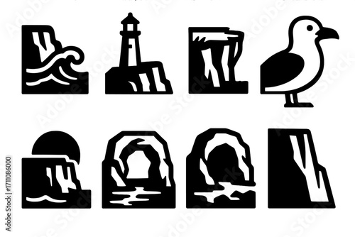 Coastal elements silhouette icon set. featuring waves, lighthouse, cliffs, seagull, sea caves, and sunset