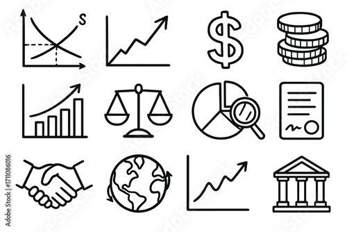 Economics linear icon set. featuring chart, dollar, coins, scales, pie chart, contract, handshake, globe, bank