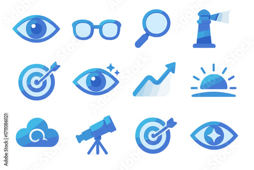 Business and vision silhouette icon set. featuring eye, glasses, magnifier, lighthouse, target, graph, telescope, cloud, sunrise