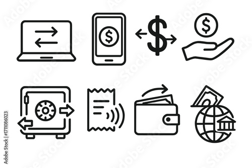 Finance and banking linear icons set. featuring currency, transaction, savings, wallet, and global banking symbols