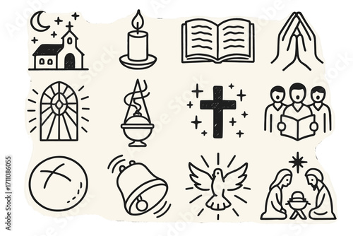 Religious elements linear icon set. featuring church, candle, bible, praying hands, stained glass, incense, cross, choir, communion, bell, dove, nativity