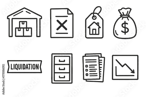 Business silhouette icon set. featuring warehouse, document, tag, money bag, liquidation, file cabinet, papers, graph