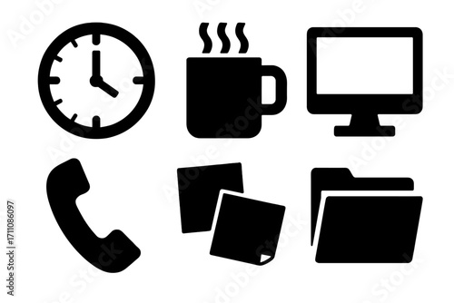 Office essentials silhouette icon set. featuring clock, coffee, computer, phone, notes, and folder symbols