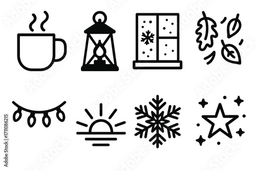 Winter linear icon set. featuring mug, lantern, window, leaves, lights, sunset, snowflake, star symbols