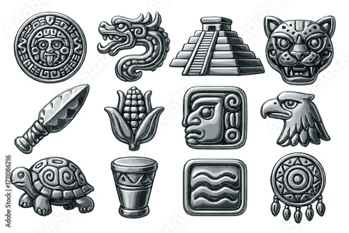 Ancient civilization flat icon set. featuring calendar, dragon, pyramid, jaguar, knife, maize, mask, eagle, turtle, cup, water, dreamcatcher