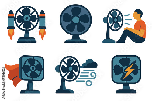 Fan silhouette icon set. featuring rocket, superhero, child, wind, storm, and lightning fan symbols