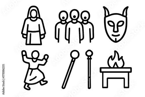 Folklore and rituals linear icon set. featuring dancer, worshippers, mask, priestess, staffs, altar symbols