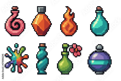 Alchemy items pixel icon set. featuring potion, elixir, vial, magic, swirl, flame, flower, rainbow.