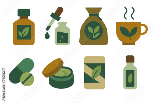 Natural remedies flat icons set. featuring oil, dropper, tea, pills, jar, cream, and leaf symbols.