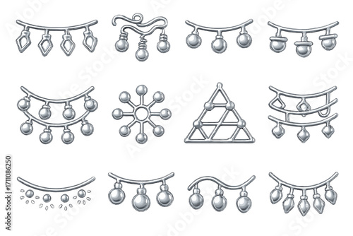 Jewelry silhouette icon set. featuring necklace, earrings, and geometric designs.