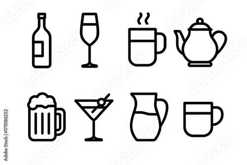 Beverage silhouette icon set. featuring wine, glass, mug, teapot, beer, cocktail, pitcher, cup icons