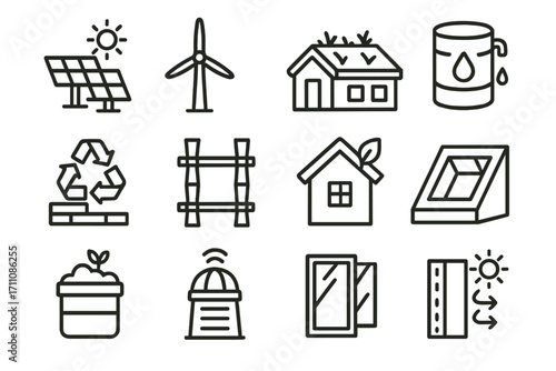 Eco-friendly energy linear icon set. featuring solar panels, wind turbines, recycling, green homes, and sustainability symbols