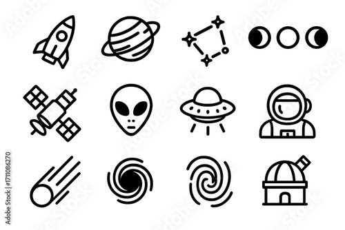 Space exploration linear icon set. featuring rocket, planet, constellation, moon phases, satellite, alien, ufo, astronaut, comet, galaxy, observatory symbols